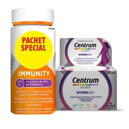 Pachet Centrum Silver 50+ pentru femei, 30 comprimate + Centrum Immunity cu extract de soc, 60 capsule, Haleon — preț și oferte