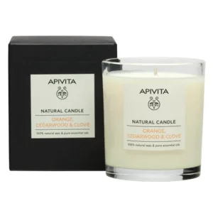 Apivita Lumânare naturală cu aromă de portocală, lemn de cedru și cuișoare, 235 g