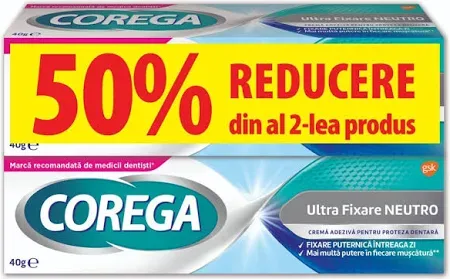 Corega Ultra Fixare Neutro, pachet (1+50% reducere la al doilea produs), Haleon | 2 x 40 g — preț și oferte