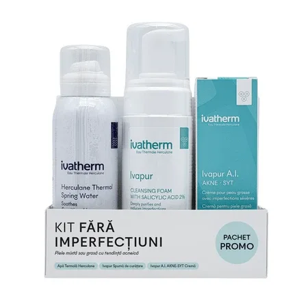 Kit Fara imperfectiuni, Apa termala, 100 ml, Ivapur spuma, 160 ml, Crema Ivapur AI, 30 ml,, Ivatherm — preț și oferte