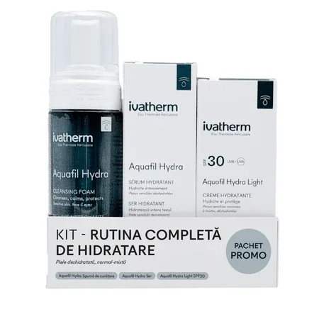 Kit Rutina completa de hidratare, Spuma Aquafil Hydra, 160 ml, Ser Aquafil Hydra, 30 ml, Crema cu SPF30 Aquafil Hydra Light, 50 ml,, Ivatherm — preț și oferte
