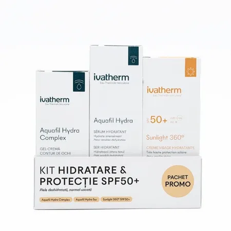 Kit Hidratare si protectie, Gel-crema Aquafil Hydra Complex,15 ml, Ser Aquafil Hydra, 30 ml, Crema cu SPF50+ Sunlight 360, 50 ml,, Ivatherm — preț și oferte