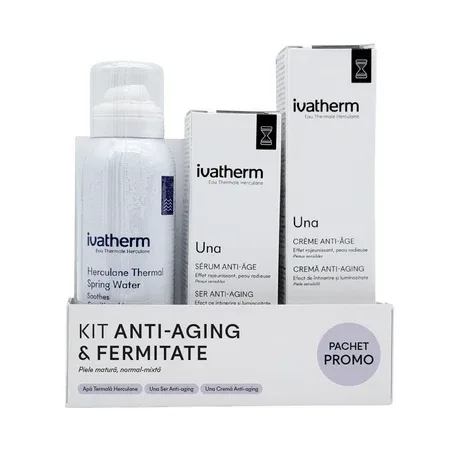 Kit Anti-aging & Fermitate, Apa termala, 100 ml, Una ser, 30 ml, Una crema fata, 50 ml, Ivatherm — preț și oferte