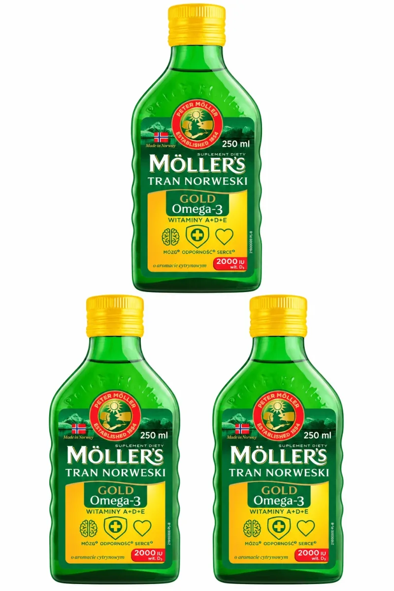 Ulei de pește Gold cu Omega-3, aromă de lămâie, 3x250 ml, Möller’s — preț și oferte