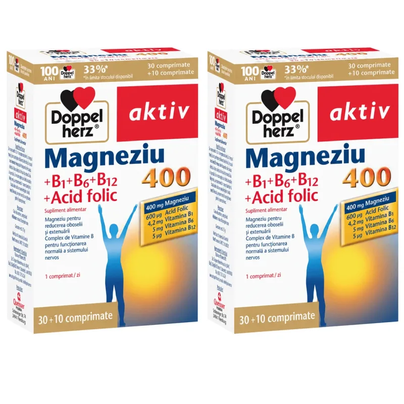 Magneziu 400 mg+ Vit. B1+B6+B12+ Acid folic, 2x40 comprimate, Doppelherz — preț și oferte