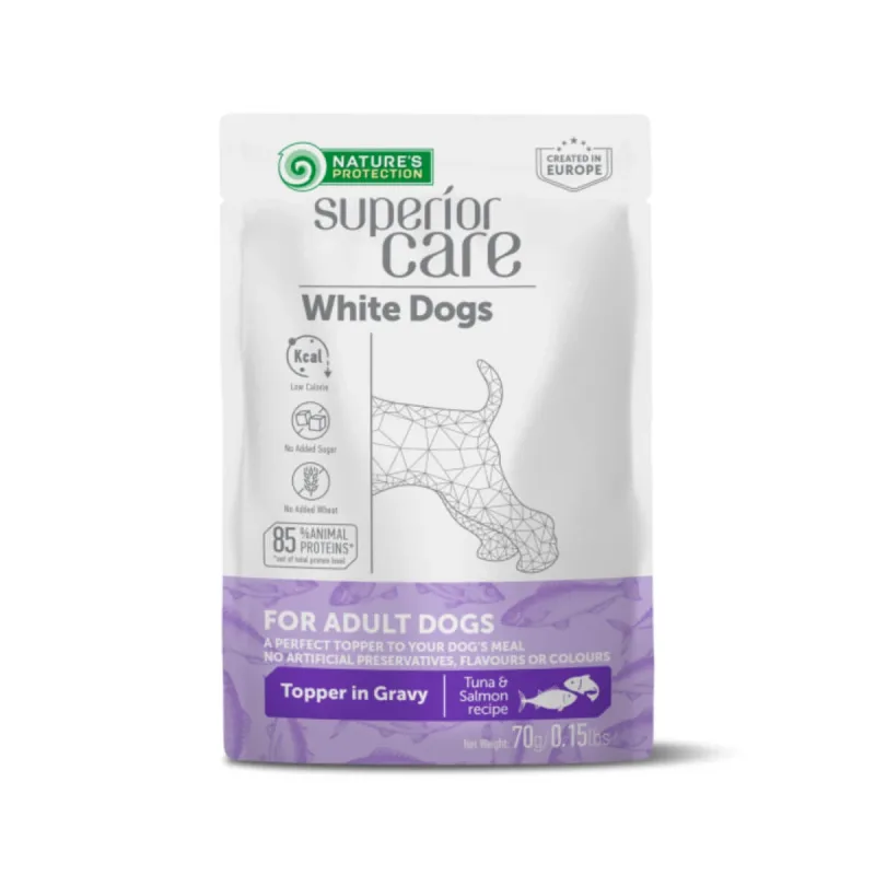 NATURES PROTECTION Superior Care White Dogs, XS-XL, Ton și Somon, plic hrană umedă câini, (topping), 70g — preț și oferte