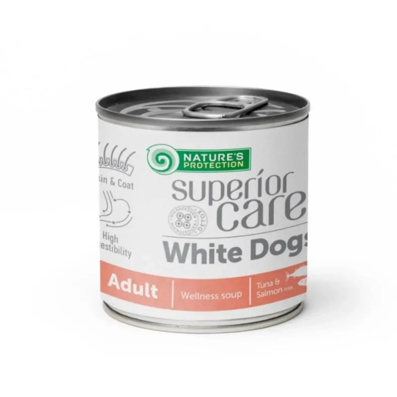 NATURES PROTECTION Superior Care White Dogs, XS-XL, Ton și Somon, conservă hrană lichidă fără cereale câini, piele & blană, 140ml — preț și oferte