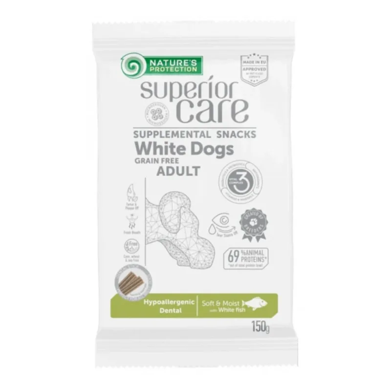 NATURES PROTECTION Superior Care blană albă, Pește Alb, recompense funcționale fără cereale câini, blană albă, igienă orală, 150g — preț și oferte