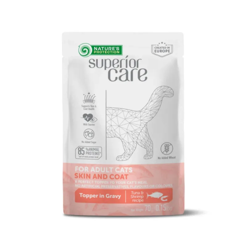 NATURES PROTECTION Superior Care Skin & Coat, Ton și Creveți, plic hrană umedă pisici, piele & blană, (topping), 70g — preț și oferte