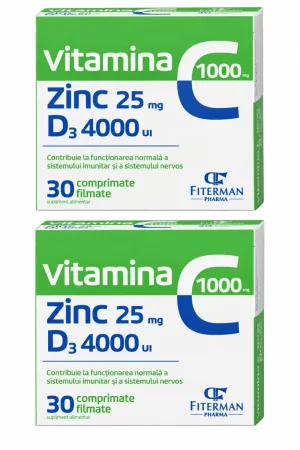 Vitamina C 1000 mg + Zn 25 mg + D3 4000UI, 2x30 comprimate filmate, Fiterman