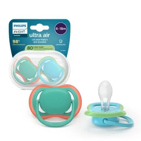 Suzeta Ultra Air Pacifier Philips Avent, Albastru/Verde, 6-18 luni, SCF087/10, 2 bucati, Philips — preț și oferte