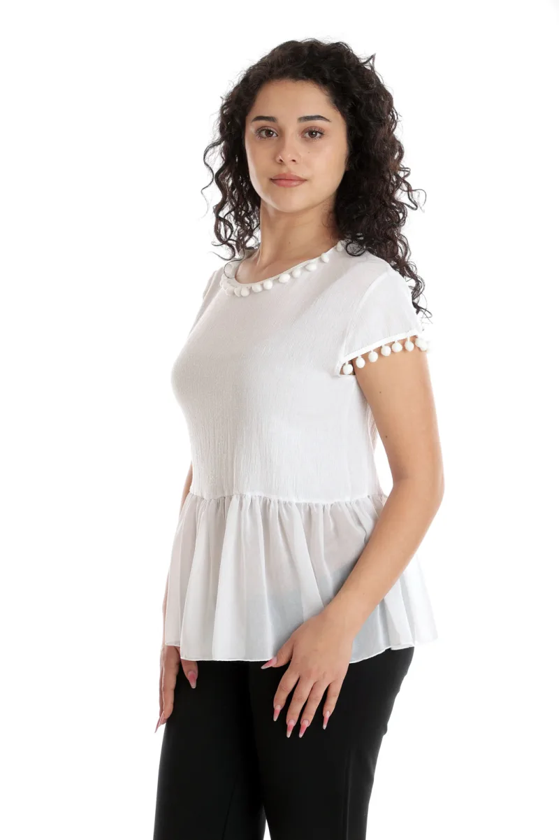 Bluza peplum CV24050 alb & ciucurei, Cesy | marimea M CESY INFINITY — preț și oferte