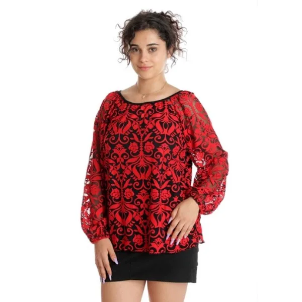 Bluza tulle & insertie florala CT24100 negru & rosu, Cesy | marimea M CESY INFINITY — preț și oferte