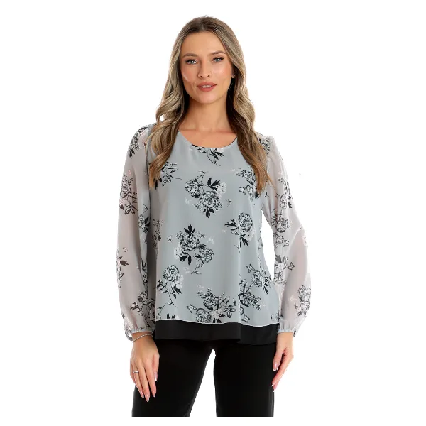 Bluza voal dublu CP25024 gri floral/negru, Cesy | marimea L CESY INFINITY — preț și oferte