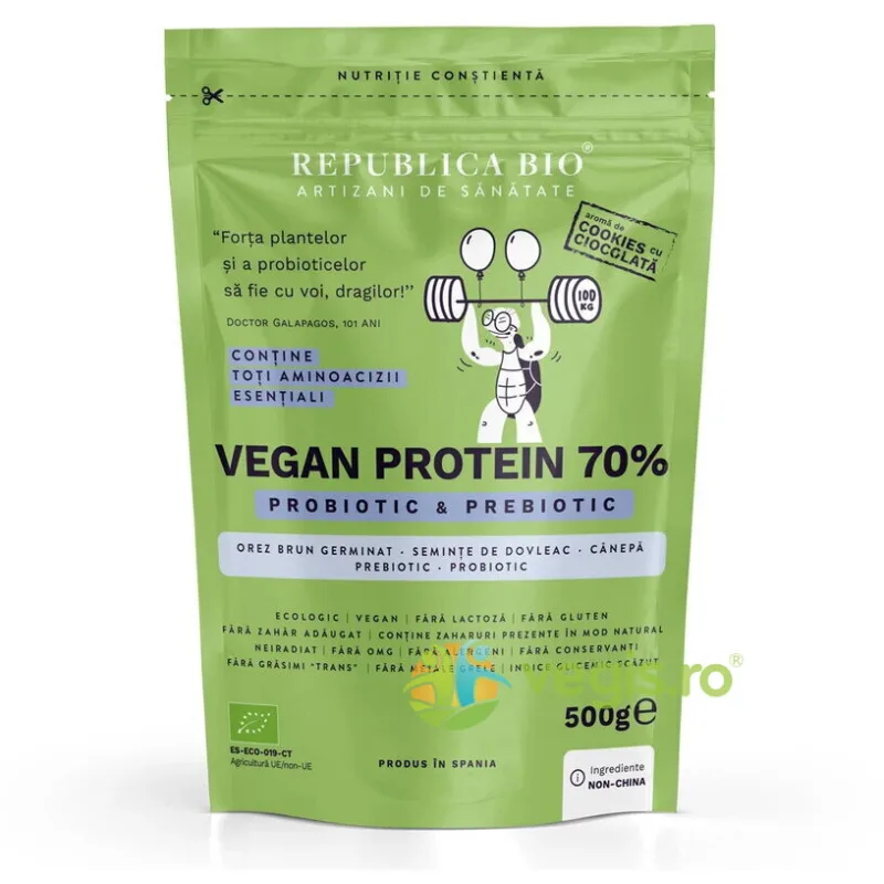 Pudra Proteica cu Aroma de Cookies Vegan Protein 70% - Probiotic & Prebiotic Ecologica/Bio 500g REPUBLICA BIO — preț și oferte