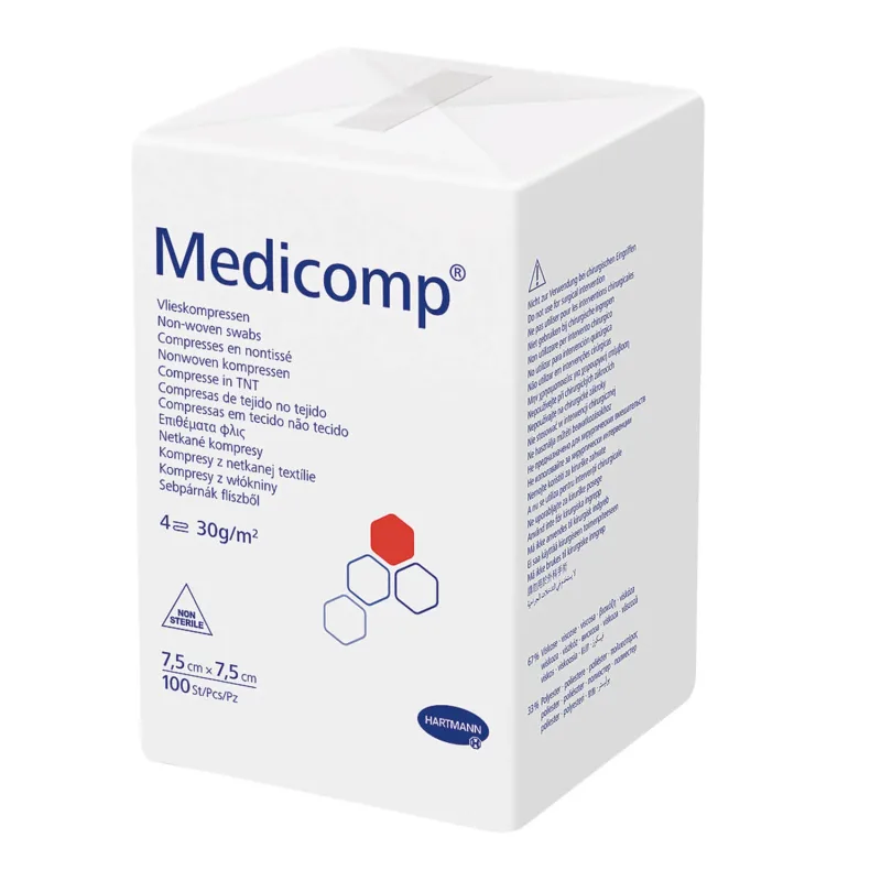 Comprese Medicomp, nesterile, nețesute, 4 straturi, 30 g/m2, 7,5 cm x 7,5 cm, 100 bucăți HARTMANN — preț și oferte