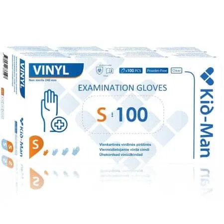 Manusi din vinil nepudrate de unica folosinta transparente, marimea S, 100 bucati, Kid-Man — preț și oferte
