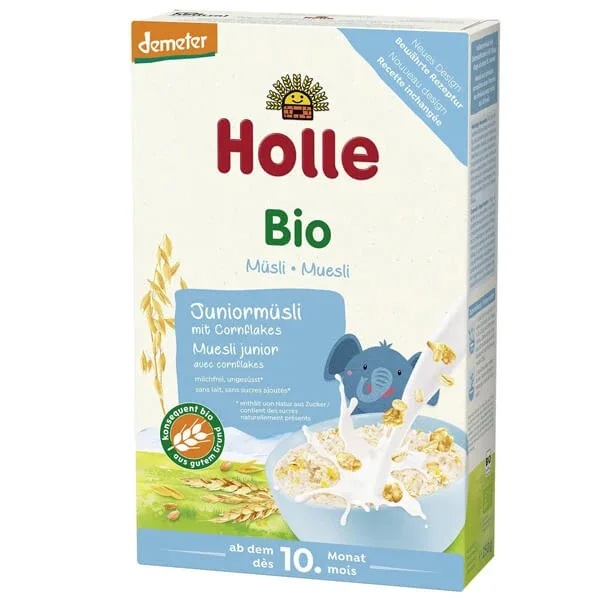Holle Junior Muesli Bio terci de cereale multiple cu fulgi de porumb, fără lapte, după 10 luni, 250 g — preț și oferte