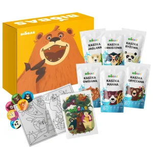 BioBas Bio set terci de ovăz, orez, spelt, mei, semol, fulgi de ovăz, cu carte de colorat și autocolante, fără zahăr adăugat, de la 6 luni, 6 x 200 g