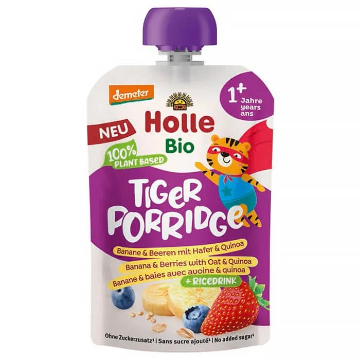 Holle Mousse în tub Bio, Tiger, banane și afine + ovăz și quinoa, de la 1 an, 110 g — preț și oferte