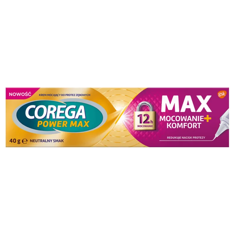 Corega Power Max Fixation + Comfort, cremă de fixare pentru proteze dentare, neutră, 40 g — preț și oferte