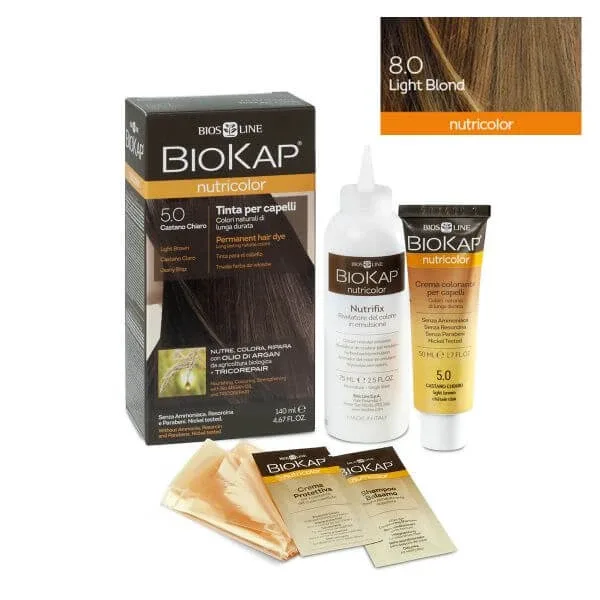 Vopsea permanentă pentru păr Nutricolor, Nuanţa Light Blond 8.0, 140 ml, Biokap — preț și oferte
