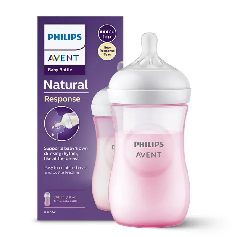 Avent Natural Response, biberon cu tetină reactivă, roz, debit 3, SCY903/11, după 1 lună, 260 ml PHILIPS AVENT — preț și oferte