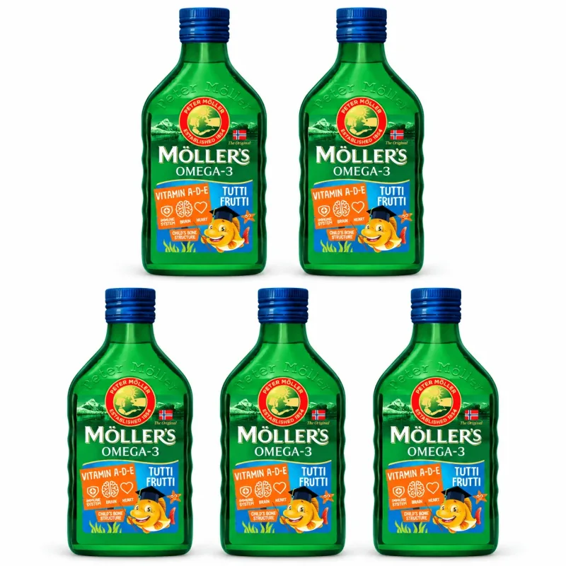 Ulei de pește norvegian, peste 3 ani, aromă fructată, 5x250 ml, Möller's — preț și oferte