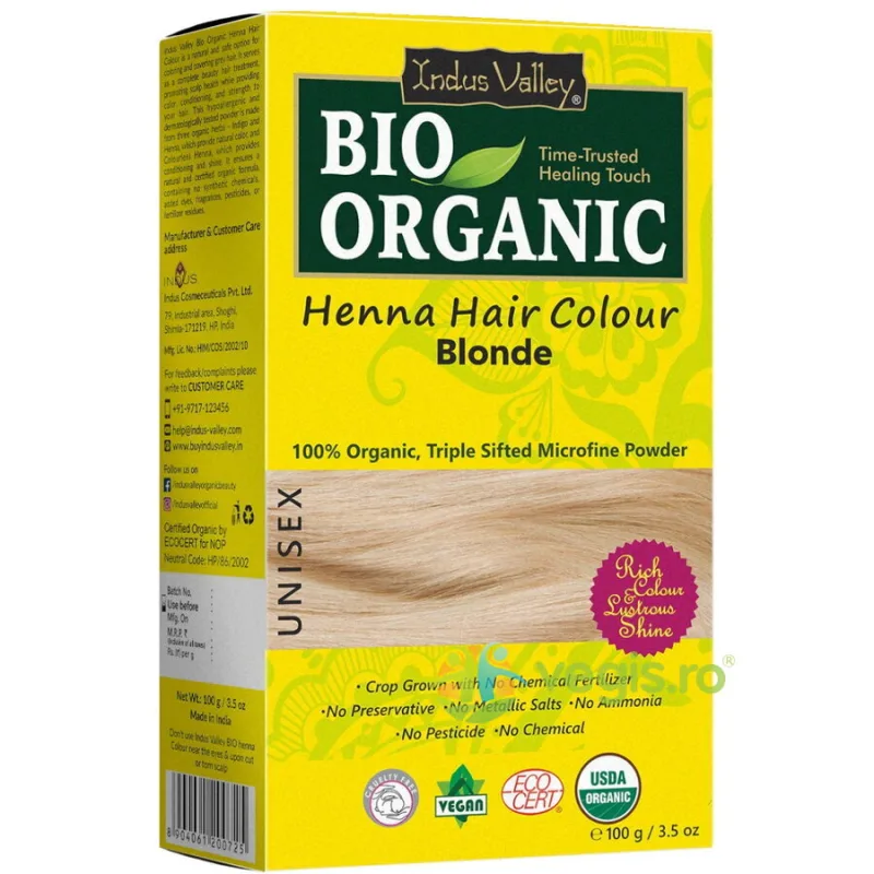 Vopsea de Par Henna Blond Bio 100g INDUS VALLEY — preț și oferte