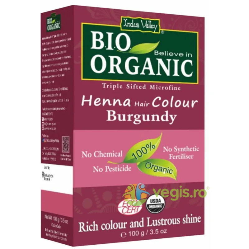 Vopsea de Par Henna Rosu Burgundy Bio 100g INDUS VALLEY — preț și oferte