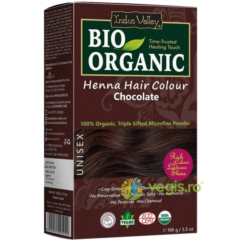 Vopsea de Par Henna Saten Ciocolatiu (Chocolate) Bio 100g INDUS VALLEY — preț și oferte