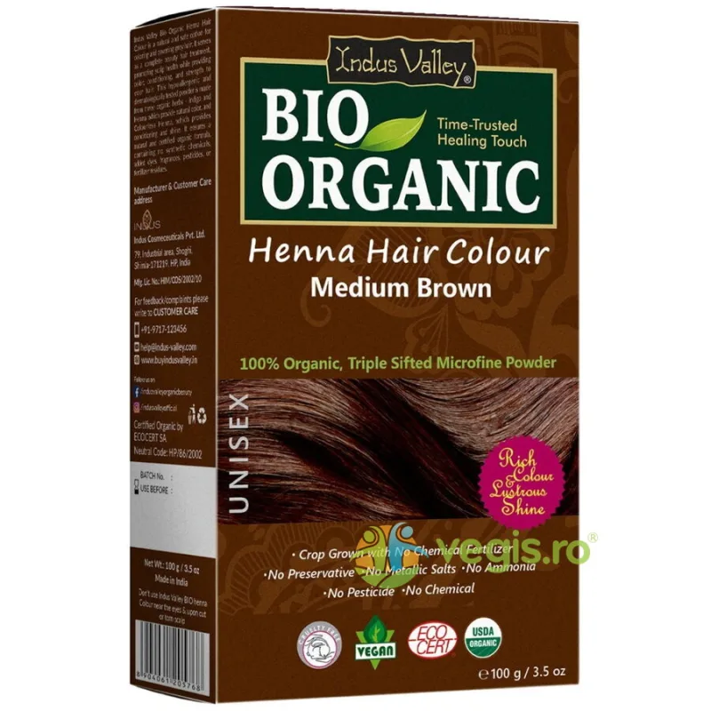 Vopsea de Par Henna Saten Mediu (Medium Brown) Bio 100g INDUS VALLEY — preț și oferte