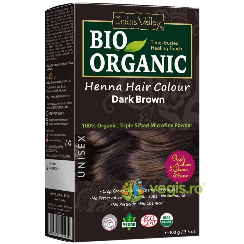 Vopsea de Par Henna Saten Inchis (Dark Brown) Bio 100g INDUS VALLEY — preț și oferte