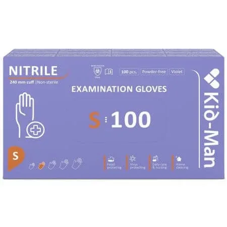 Manusi din nitril nepudrate de unica folosinta violet, marimea S, 100 bucati, Kid-Man — preț și oferte