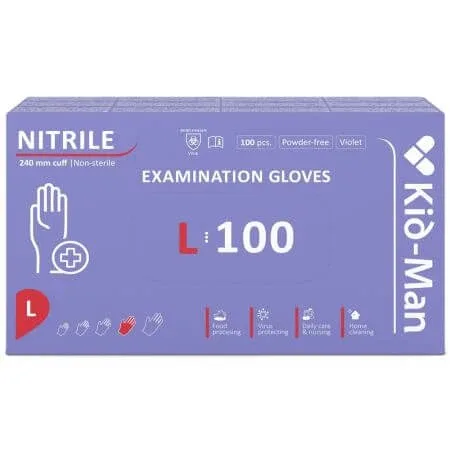 Manusi din nitril nepudrate de unica folosinta violet, marimea L, 100 bucati, Kid-Man — preț și oferte