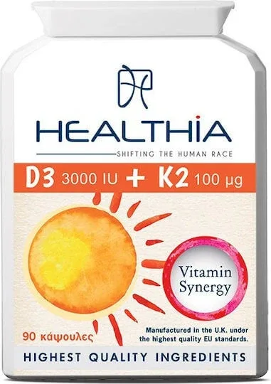 Healthia D3 3000iu & K2 100mg Multivitamină pentru Întărirea Sistemului Imunitar & Sănătatea Oaselor 3000iu 100mg 90 capace — preț și oferte