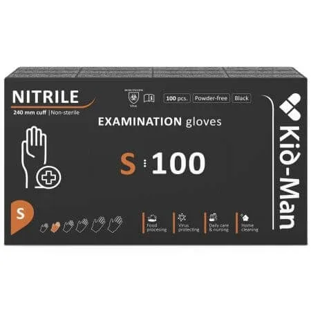 Manusi din nitril nepudrate de unica folosinta negre, marimea S, 100 bucati, Kid-Man — preț și oferte