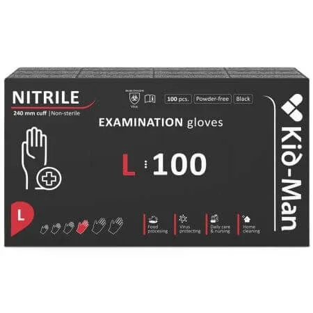 Manusi din nitril nepudrate de unica folosinta negre, marimea L, 100 bucati, Kid-Man — preț și oferte