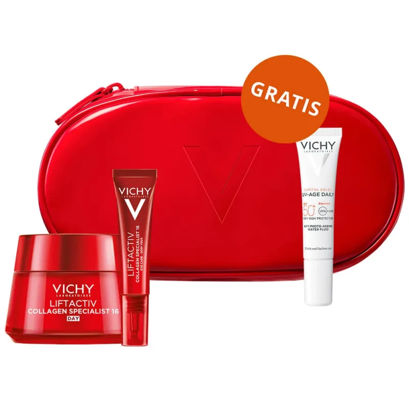 Set Vichy Liftactiv Collagen Specialist, cremă antirid, toate tipurile de ten, 50 ml + cremă de ochi, 15 ml + fluid ușor SPF 50+, 15 ml + geantă cosmetică gratuită — preț și oferte