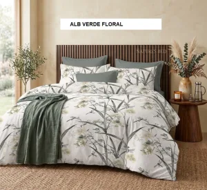 Lenjerie pat cu husa FINET (6 piese) alb verde floral 180x200 cm, Ralex | 1 buc