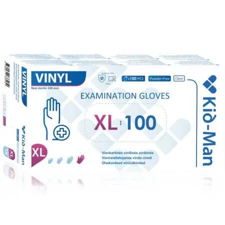 Manusi din vinil nepudrate de unica folosinta transparent, marimea XL, 100 bucati, Kid-Man — preț și oferte