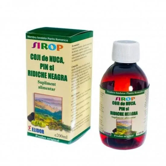 Sirop coji de nuca, muguri de pin, ridiche neagra, fara zahar, 200ml, Elidor — preț și oferte