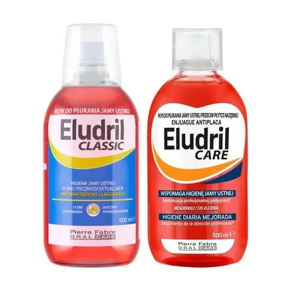 Set Eludril Classic, apă de gură, 500 ml + Eludril Care, apă de gură pentru igiena orală zilnică, 500 ml — preț și oferte