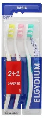 Elgydium Basic – Periuță de dinți moale, set de 2 + 1 gratuită — preț și oferte