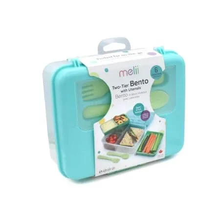 Cutie pentru pranz cu 2 niveluri si tacamuri Bento, Blue Mint Lime, Melii — preț și oferte