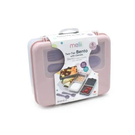 Cutie pentru pranz cu 2 niveluri si tacamuri Bento, Pink Purple Grey, Melii — preț și oferte