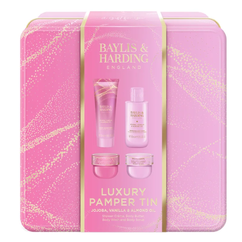 Set cadou în cutie eleganta de metal, Jojoba, Vanilla & Almond Oil 4 piese, Baylis & Harding — preț și oferte