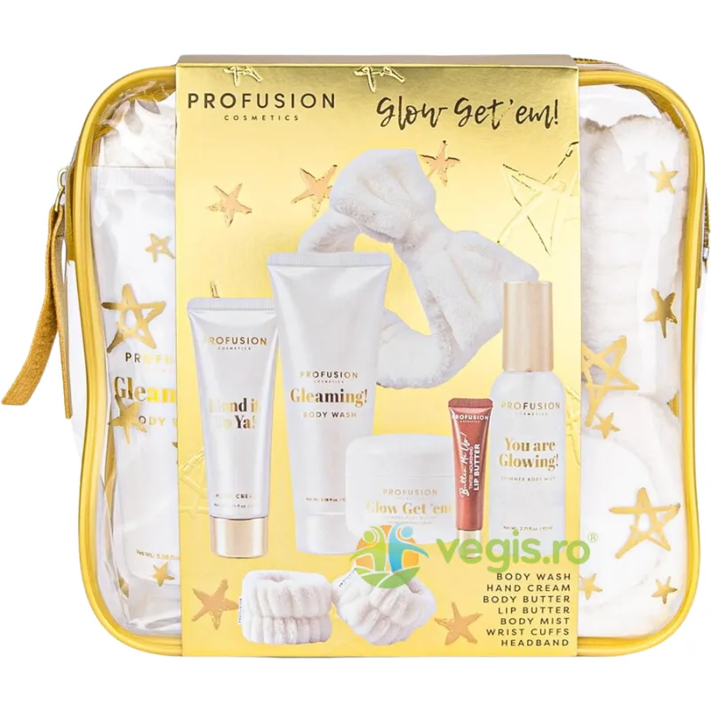 Set Gel de Dus + Unt de Corp cu Sclipici + Spray de Corp cu Sclipici + Crema pentru Maini + Bentita pentru Par + Bratari Absorbante pentru Incheieturi PROFUSION COSMETICS — preț și oferte