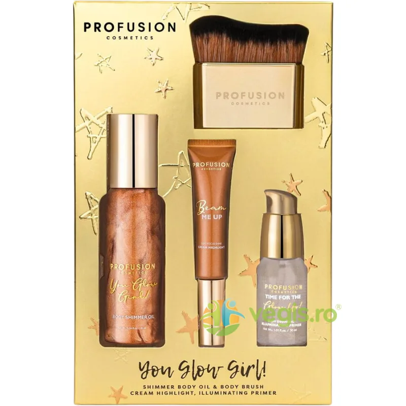 Set Ulei cu Sclipici pentru Corp 100ml + Pensula pentru Corp 1buc + Primer cu Efect Iluminator 30ml + Iluminator Tip Crema 10ml PROFUSION COSMETICS — preț și oferte