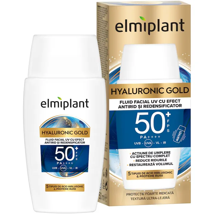 Fluid facial cu efect antirid SPF50+ Hyaluronic Gold, 50ml, Elmiplant — preț și oferte